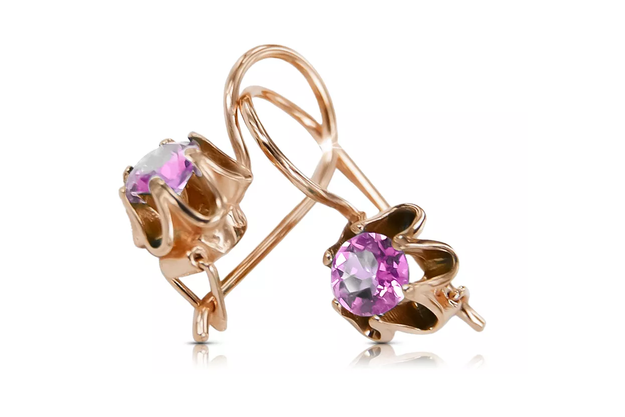 14 كارت من الذهب الأحمر الوردي 14k 583 Amethyst أقراط vec013 روسي سوفيتي الاتحاد السوفيتي فينتاج آرت ديكو style